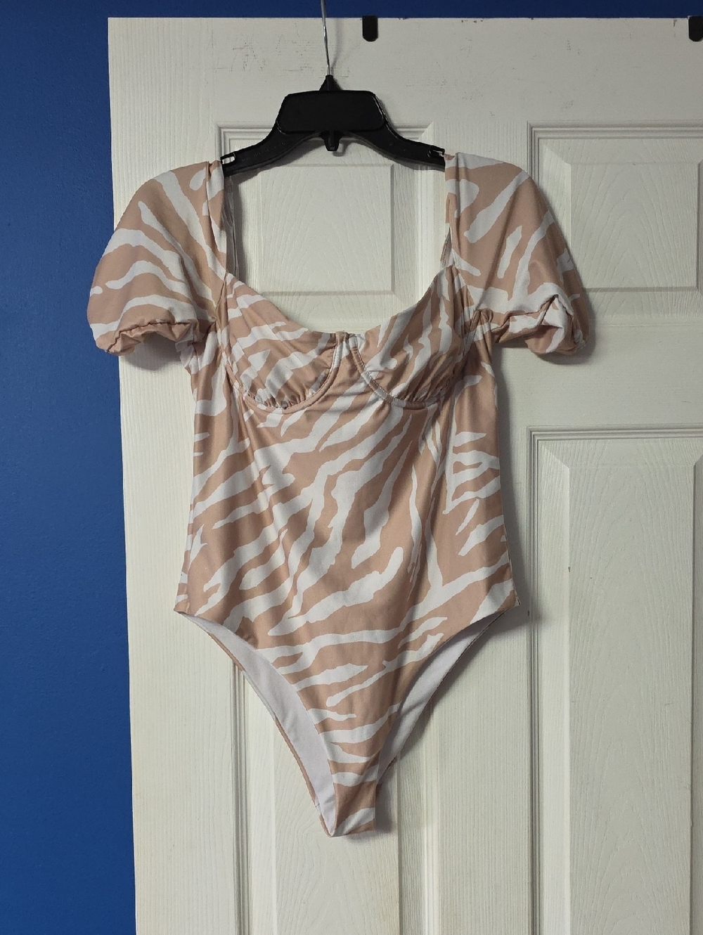 ASOS Beige and White Zebra Print Puff Sleeve Bathing Suit